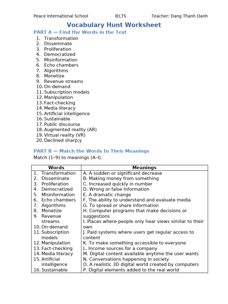 Vocabulary Hunt Worksheet | PDF