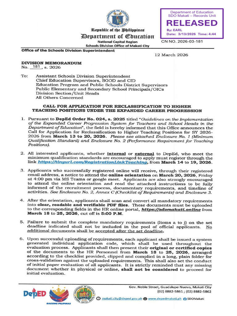 DM 181 Call For Application For Reclassification To Higher Teaching ...