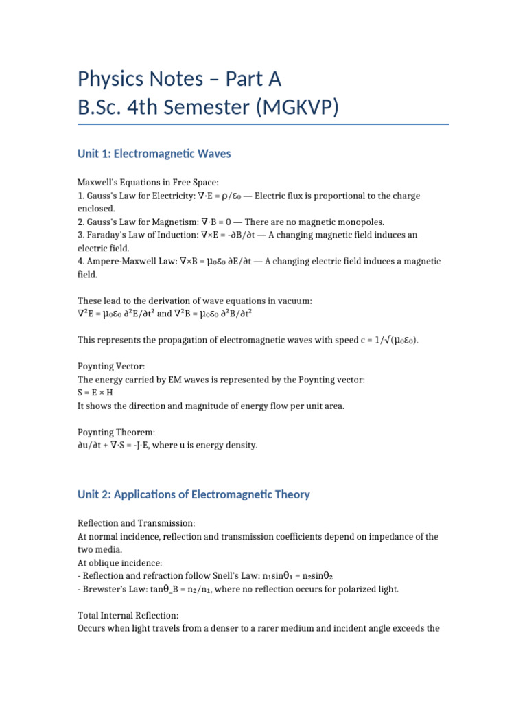 Complete Physics Part A Notes BSc4 MGKVP | PDF | Electromagnetic ...