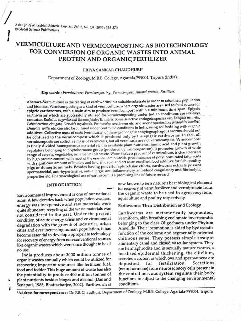 Vermiculture and Vermicomposting..... (Prof. P.S. Chaudhuri) - 1 | PDF ...