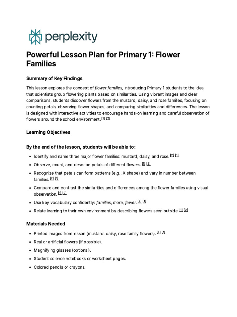 Powerful Lesson Plan For Primary 1 - Flower Familie | PDF | Flowers | Petal