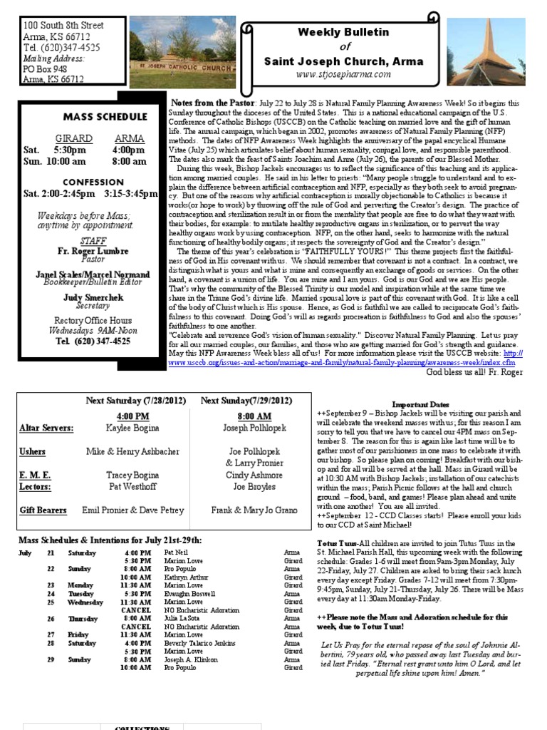 Weekly Bulletin of Saint Joseph Church, Arma Pope Catholic Church