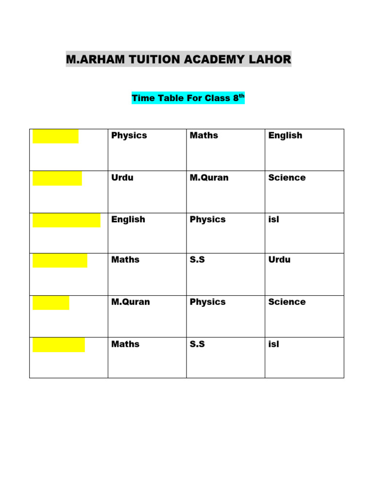 Time Table For Class 8th | PDF