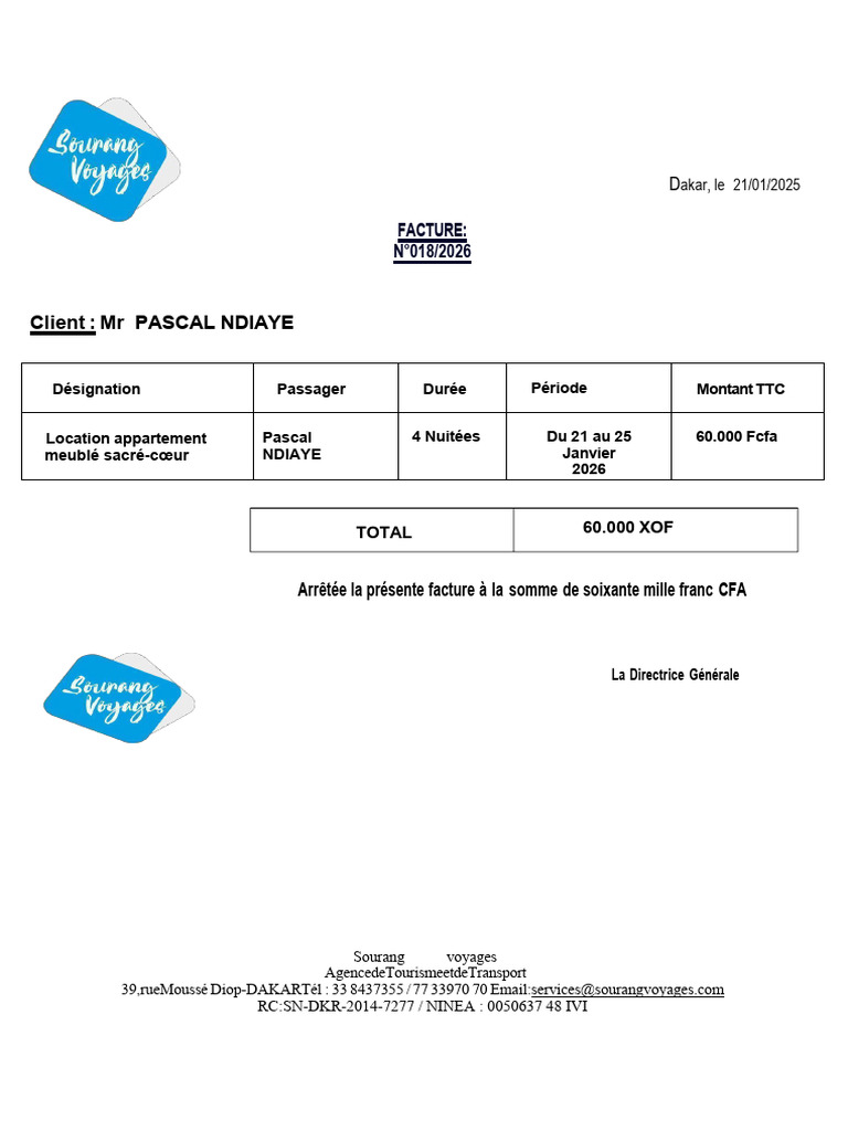 Facture 018 Location Meublée MR PASCAL NDIAYE | PDF