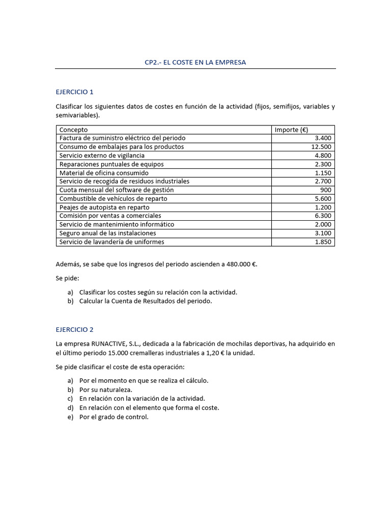 Cp02. - El Coste en La Empresa | PDF | Economias