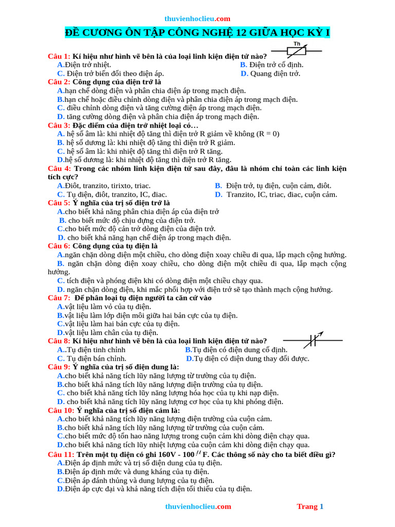 De Cuong On Tap Giua HK1 Cong Nghe 12 | PDF