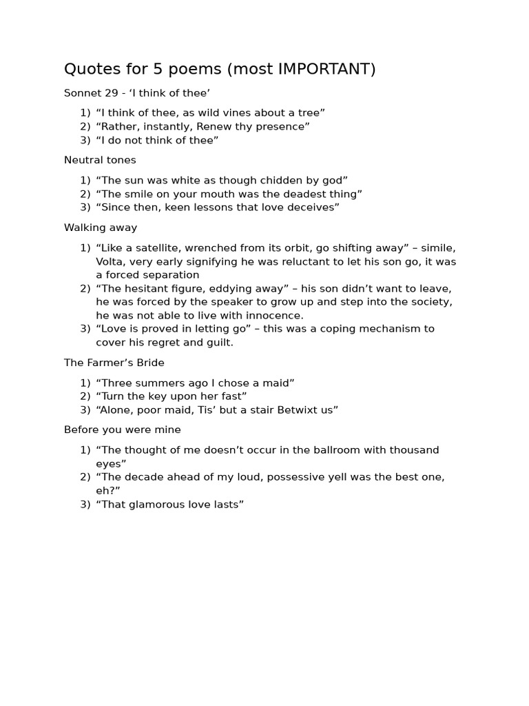 Quotes For 5 Poems (Most IMPORTANT) | PDF