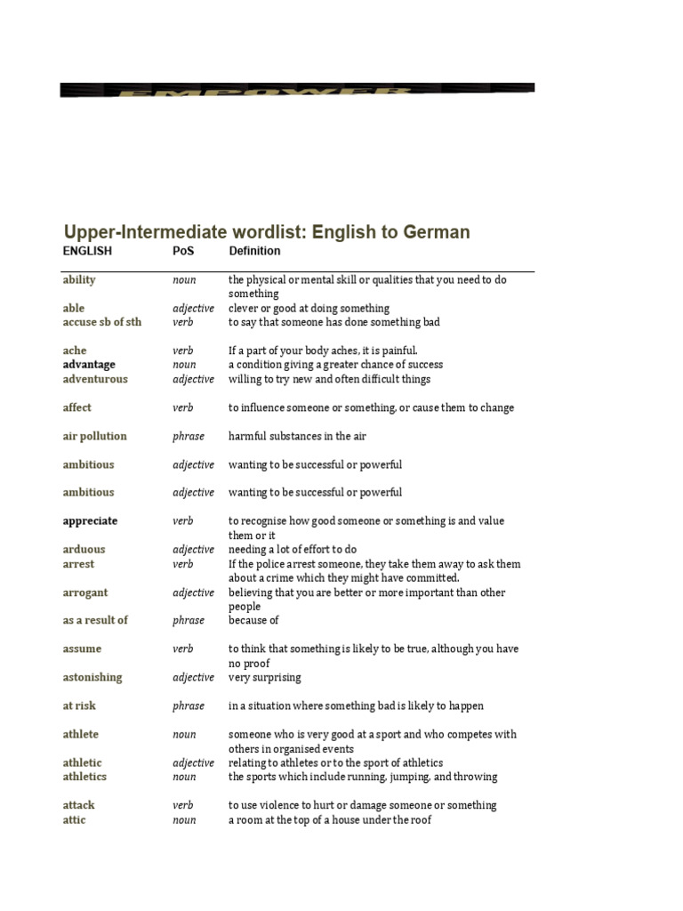 Empower 2e B2 Word List German | PDF | Adjective | Verb