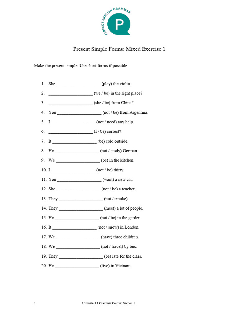 A1.1 Exercise - Present Simple Forms, Mixed 1 - 2 | PDF | Chess ...
