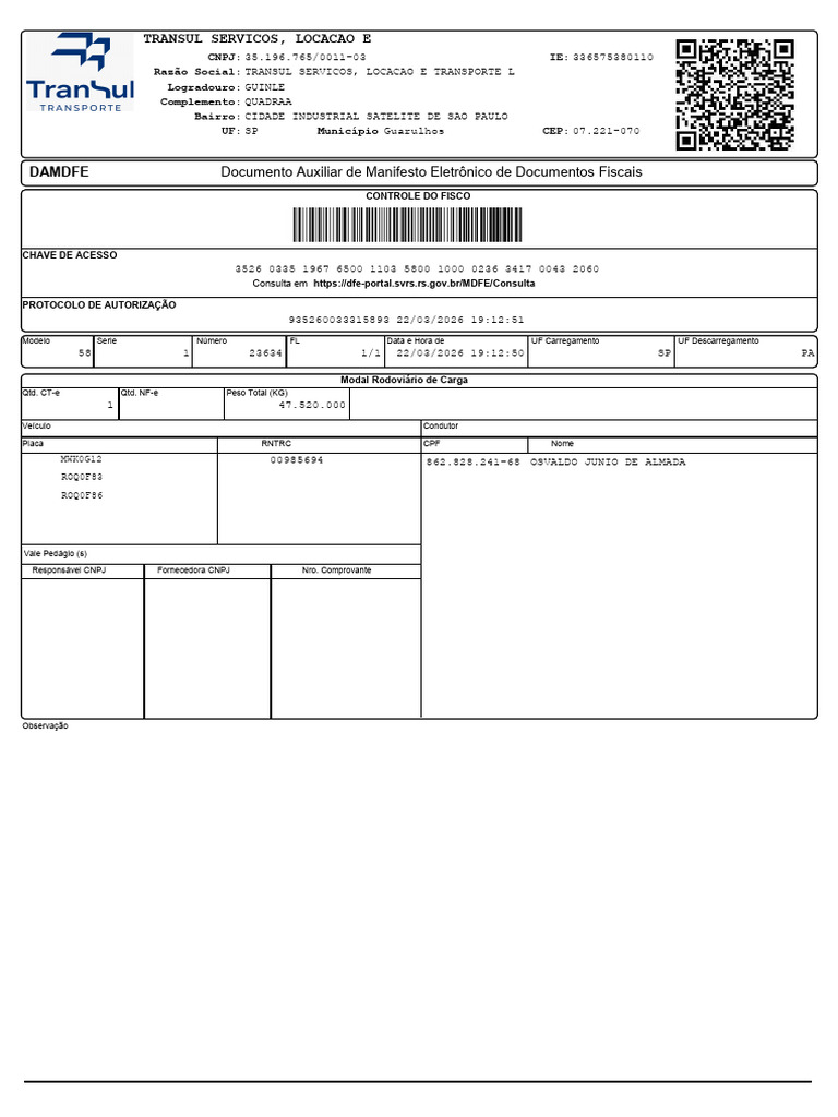 Documento Auxiliar de Manifesto Eletrônico de Documentos Fiscais | PDF
