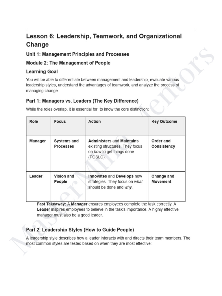 Lesson 6 - Leadership, Teamwork, and Organizational Change | PDF