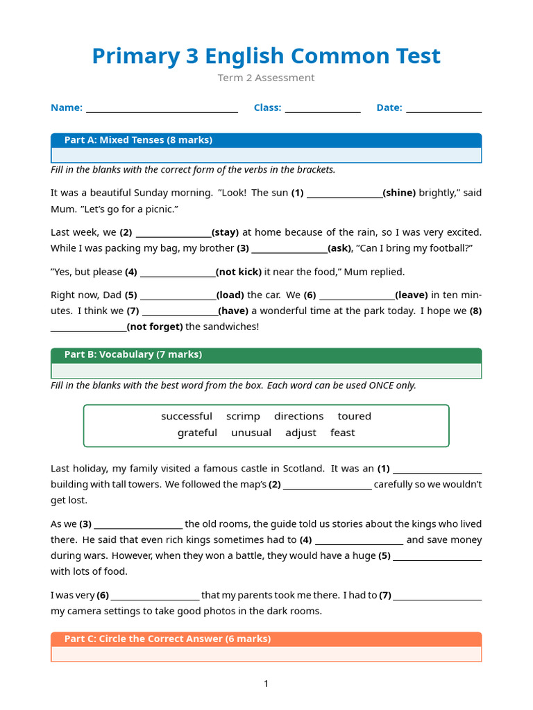 Primary 3 English Common Test Mock 2 (Colour) | PDF | Linguistics