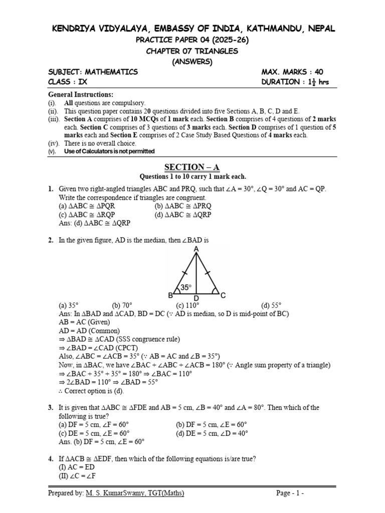 Maths Class Ix Chapter 07 Triangles Practice Paper 04 2025 Answers 1 ...