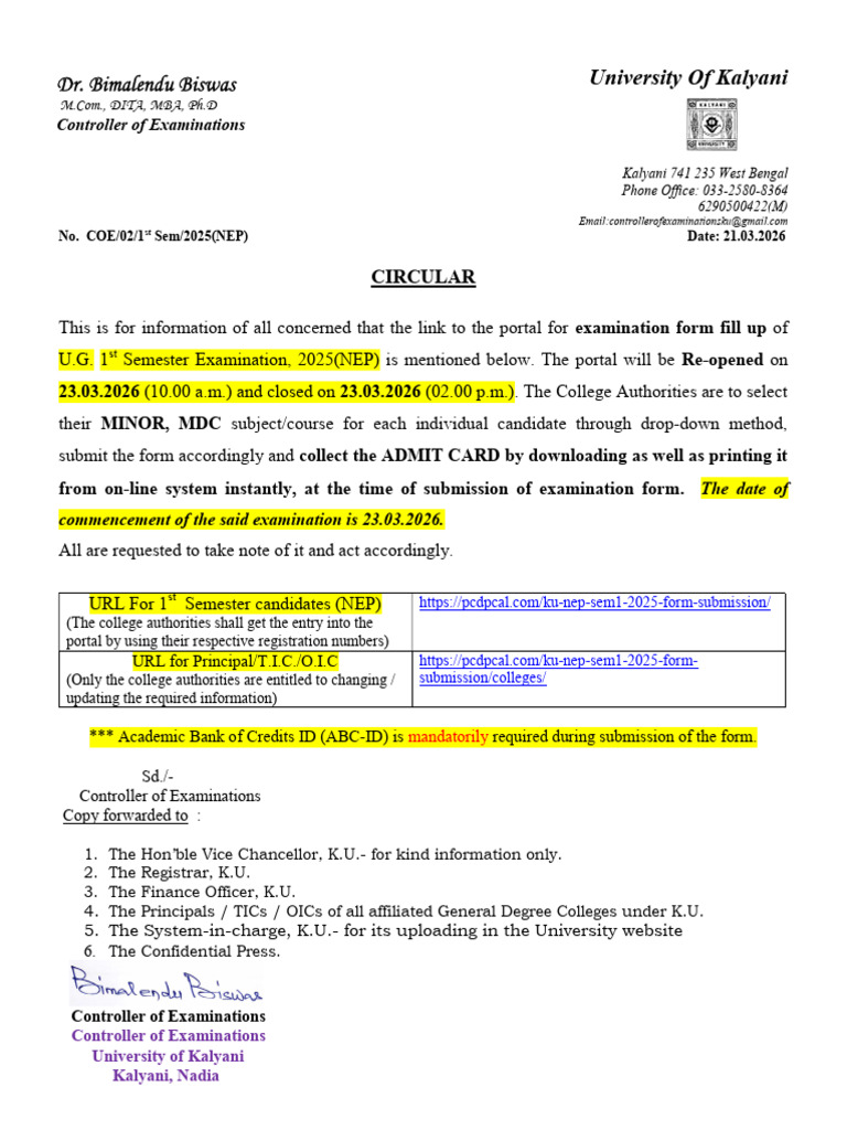 U.G. 1st Semester (NEP) Exam Form Fill Up Re-Opened Circular, 2025 | PDF