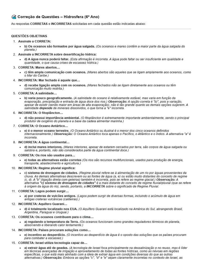 Prova de geografia 6º ano 2o Bloco Gabarito | PDF | Água | Oceanos