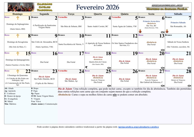 Calendario Fevereiro 2026 | PDF | Jejum | Maria, mãe de Jesus