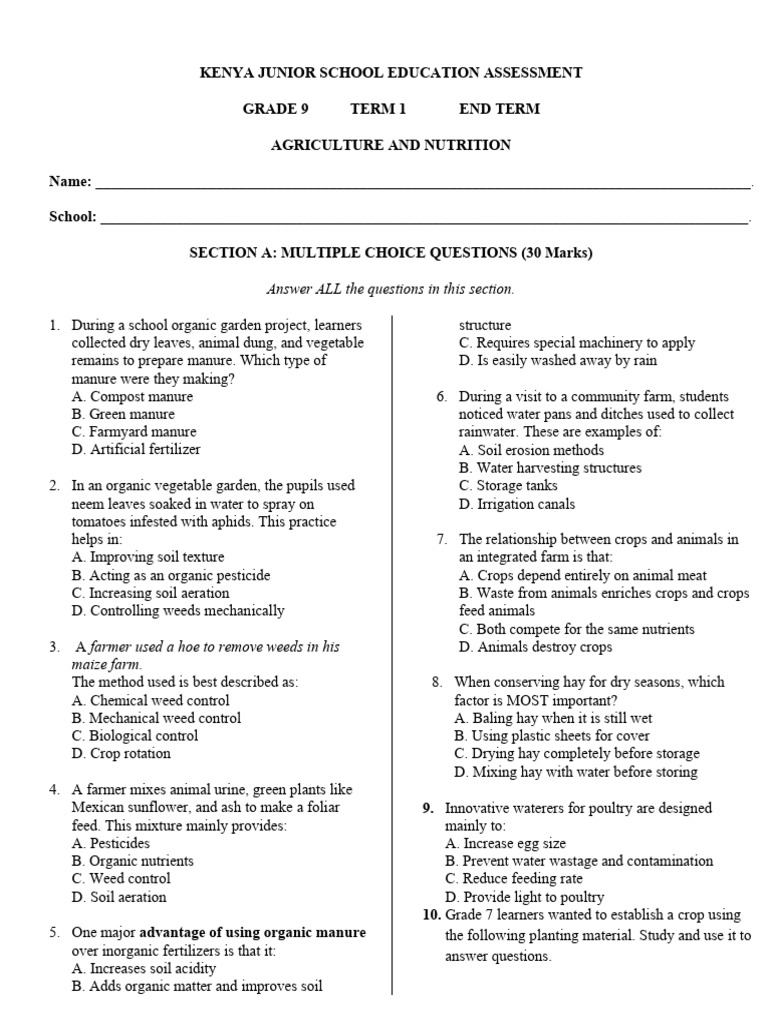 Grade 9 Agriculture EndTerm 1 2026 | PDF | Hay | Soil