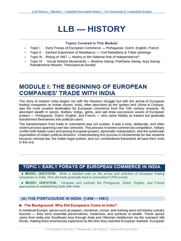 LLB History Module I Detailed-1 | PDF | East India Company