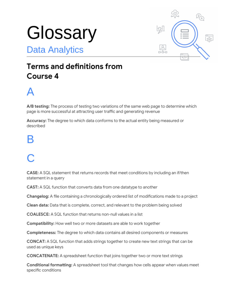 Course 4 Glossary | PDF | Data | Spreadsheet