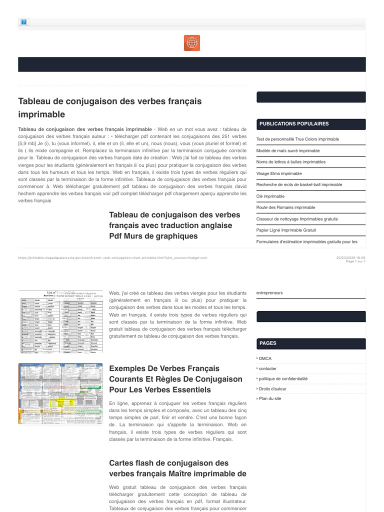 Tableau de Conjugaison Des Verbes Français Imprimable | PDF | Verbe ...