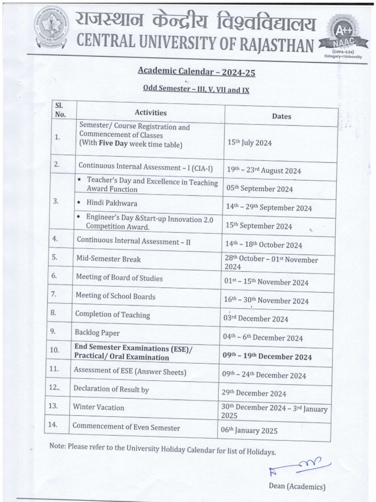 Academic Calendar - Odd Semester - 2024-25 Central University of ...