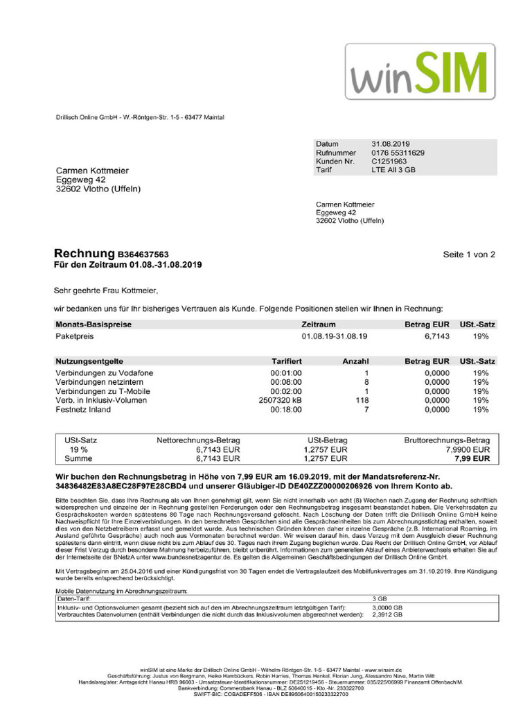 Utility Bills Germany WinSIM Mobile Telecom Invoice PDF 1 | PDF