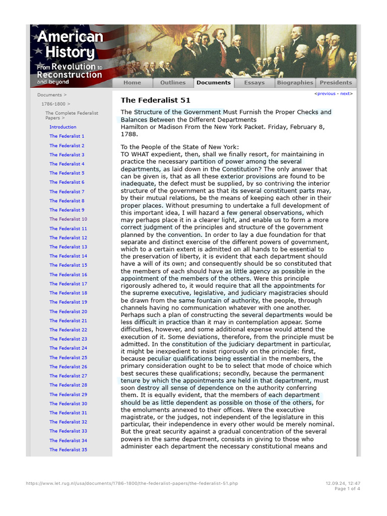 The Federalist 51 Zusammenfassung | PDF | Federalism | The Federalist ...