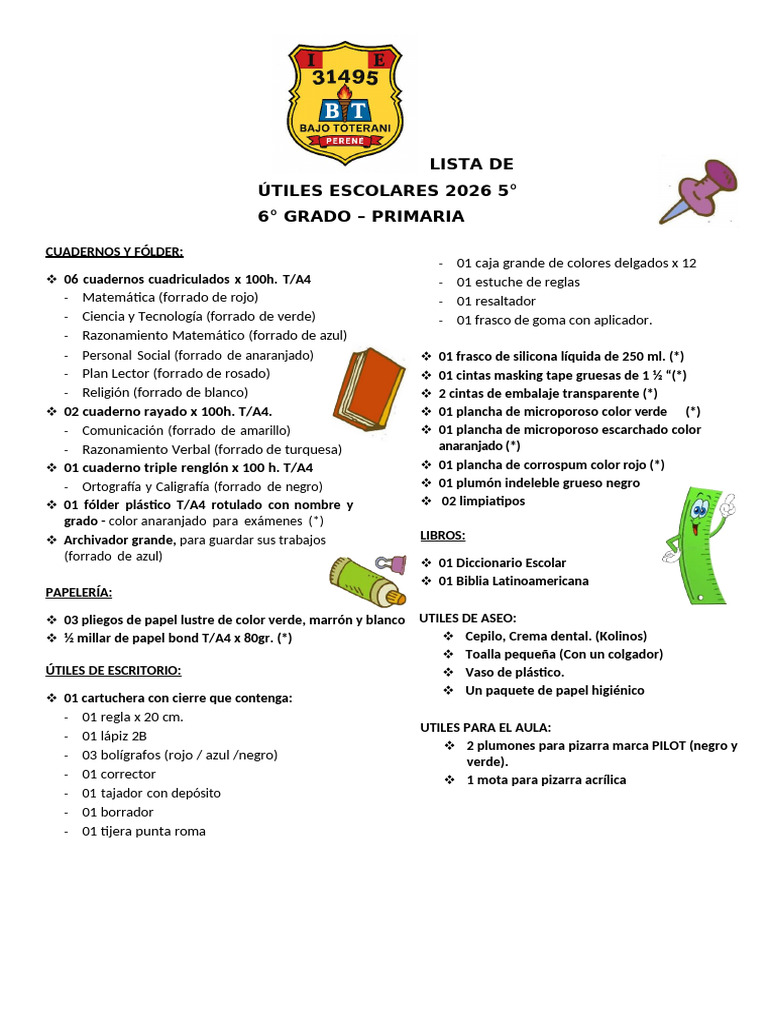 Lista de Utiles Escolares 2026 | PDF | Arco iris | Papelería