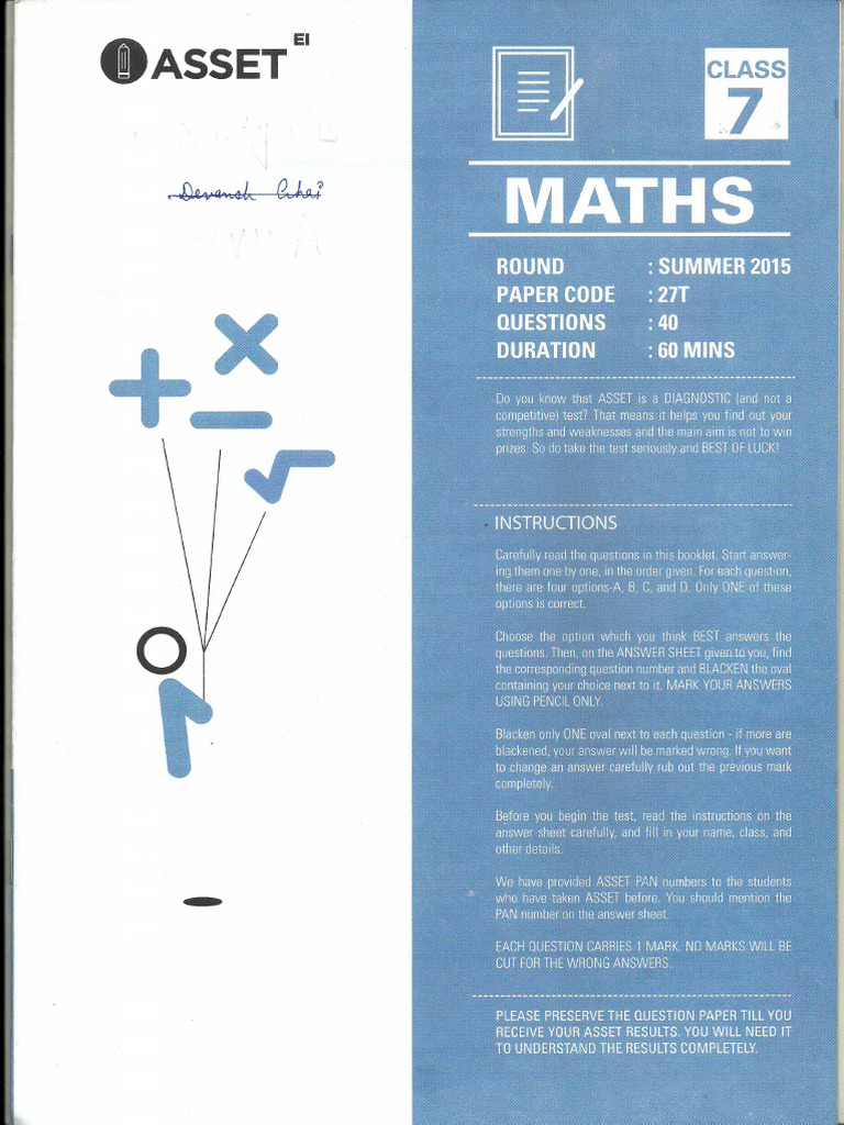 Previous Year Asset Math Question Paper Grade 7 | PDF