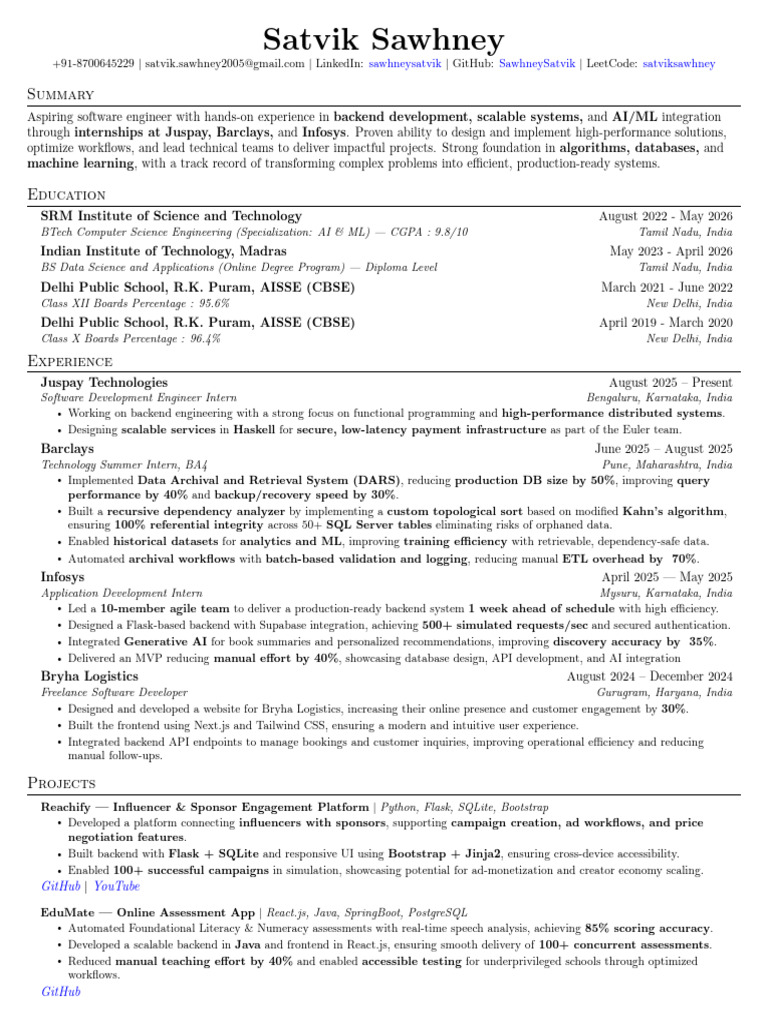 Satvik Sawhney Resume Detailed Sept 2025 | PDF | Information Retrieval ...