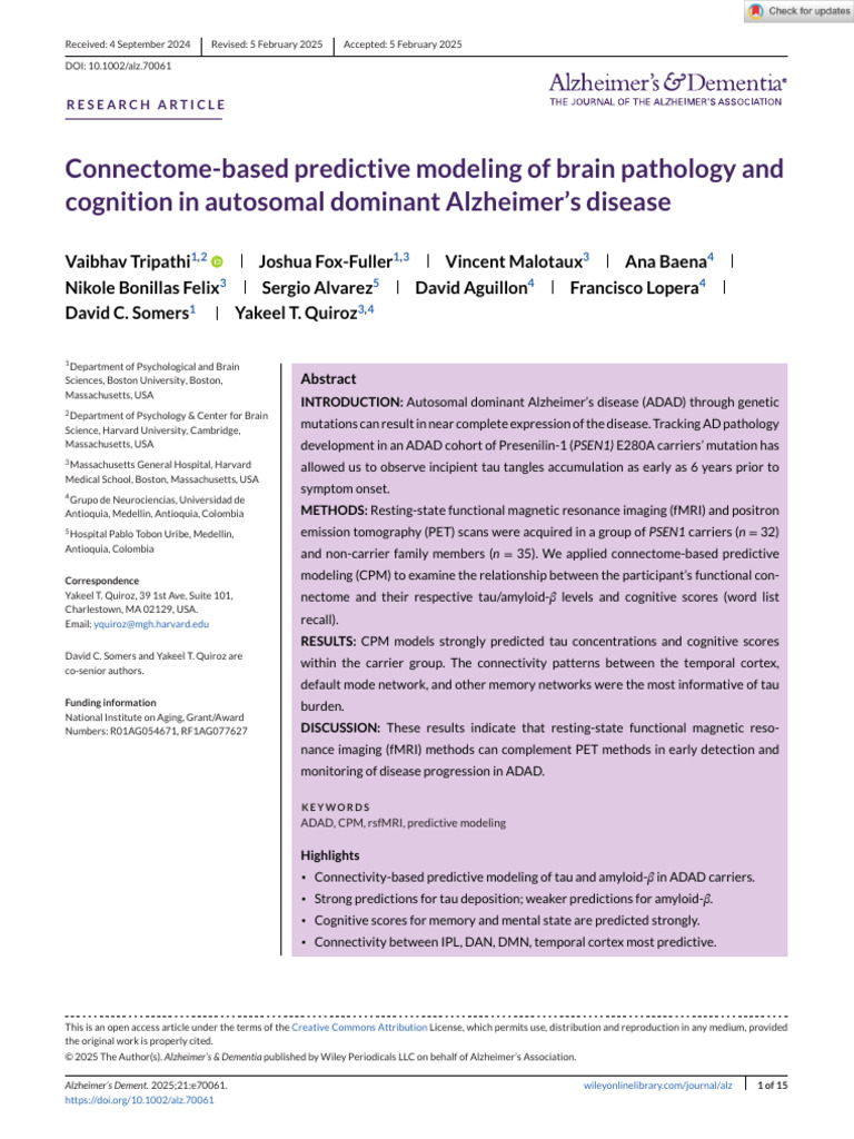 Alzheimer S Dementia - 2025 - Tripathi - Connectome Based Predictive ...