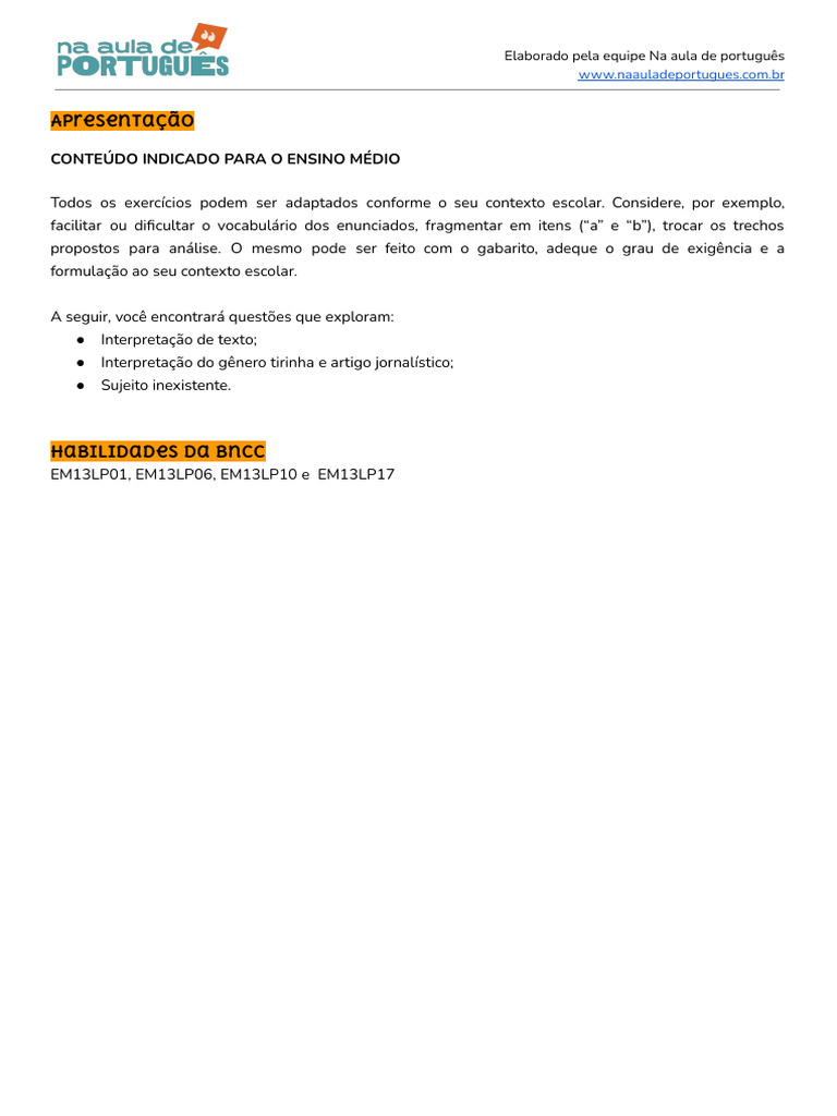 Cópia de EM - Sujeito Inexistente - PARTE I - GABARITO | PDF | Assunto ...