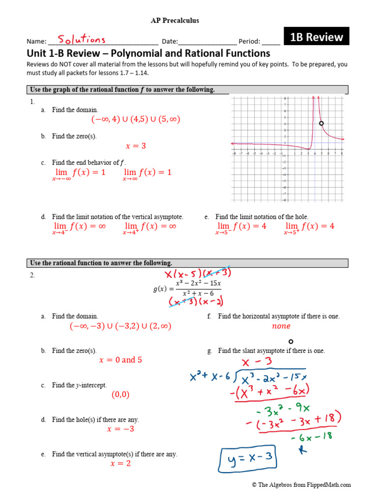 Unit 1B Review - Rational Functions KEY | PDF | Asymptote | Function ...