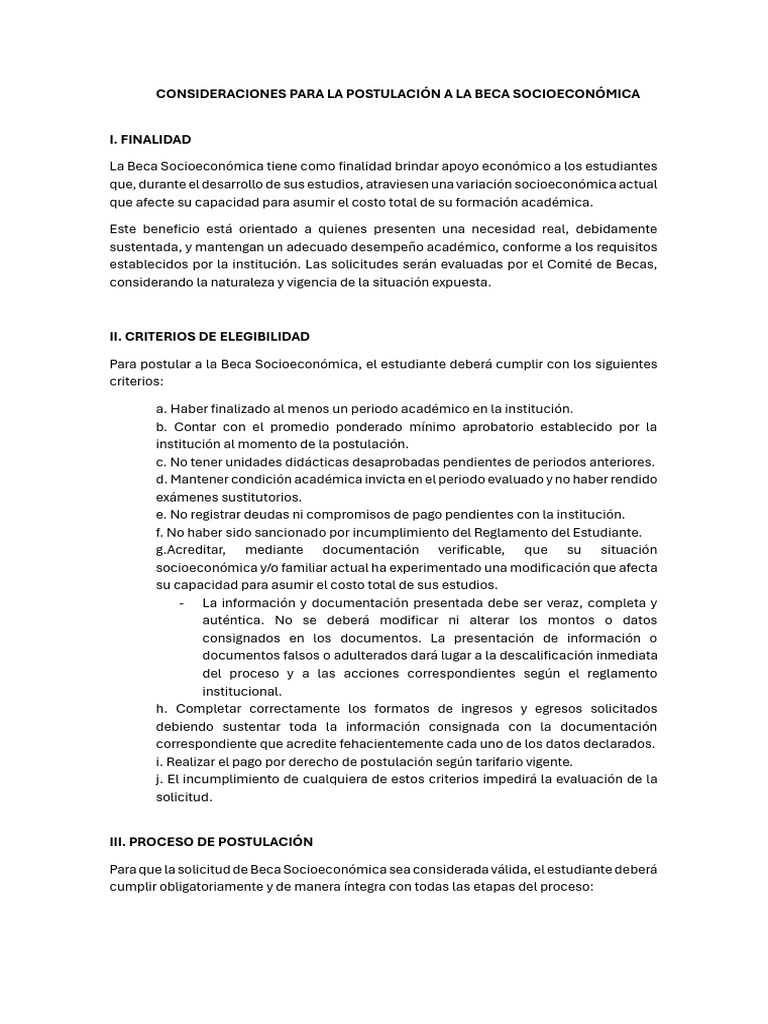 Consideraciones para La Postulación A La Beca Socioeconómica I ...