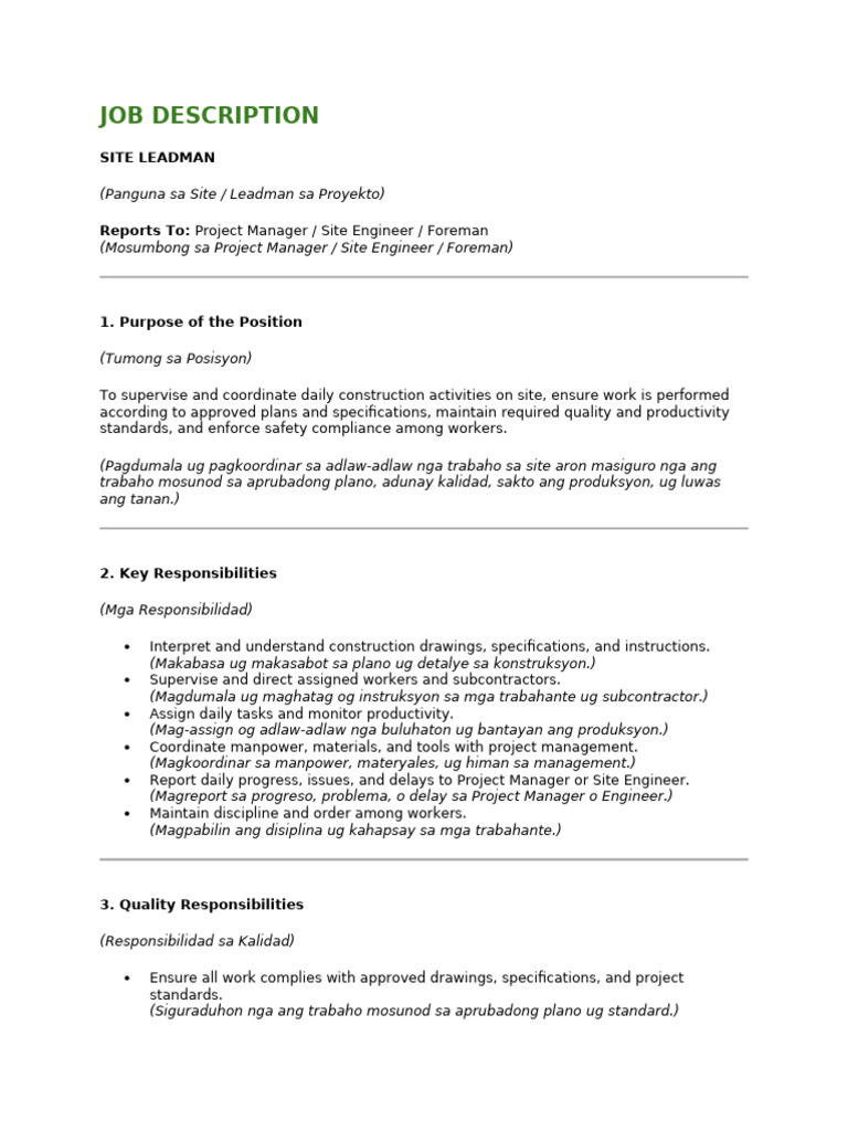 Job Description Leadman | PDF
