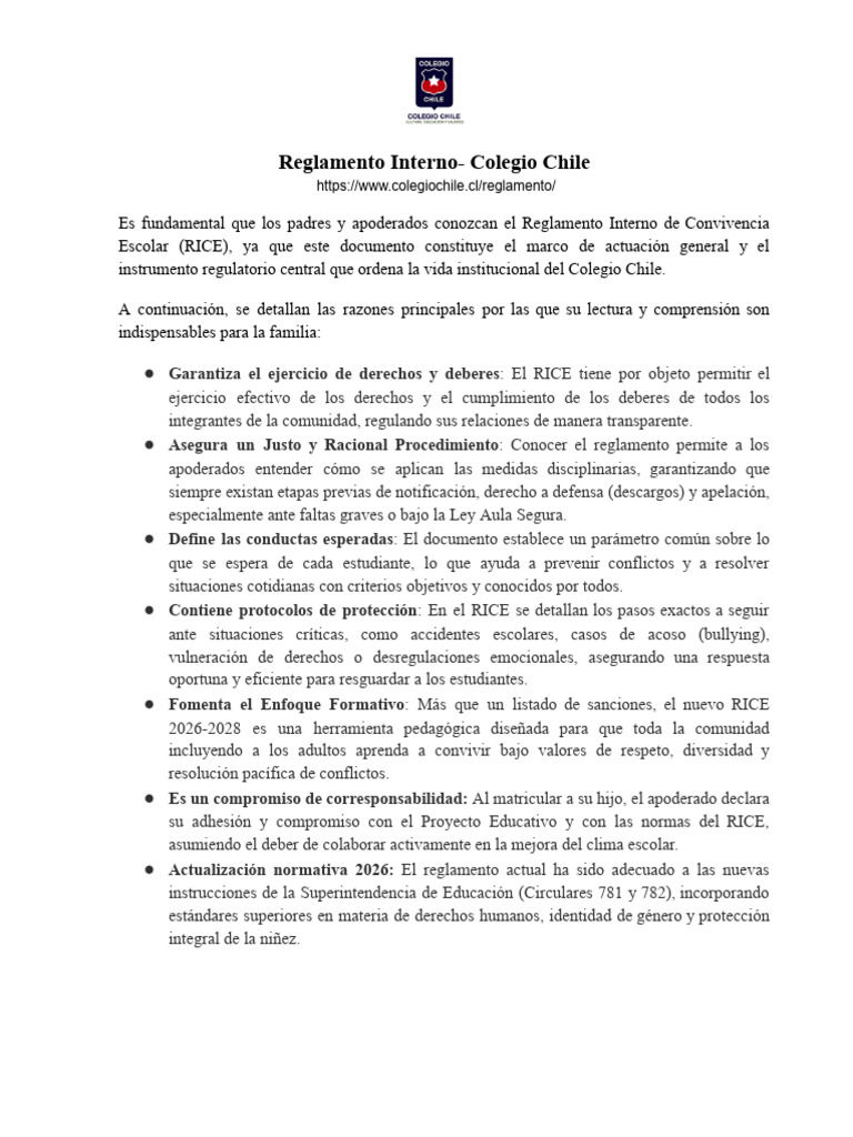 Documento Reglamento Interno Convivencia Escolar | PDF | Maestros ...