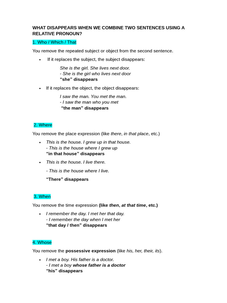 Relative Clauses Combination Exercise | PDF