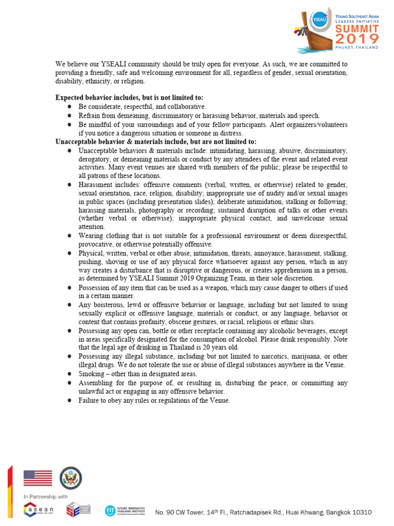 YSEALI Summit 2019 Code of Conduct | PDF | Harassment | Intimidation