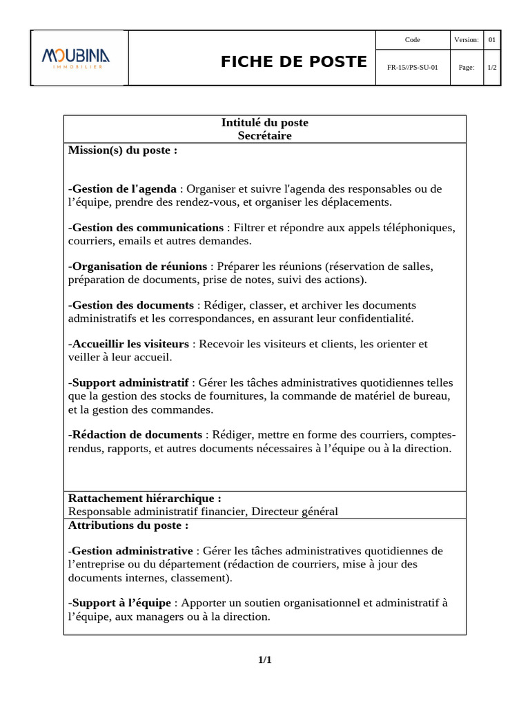 Fiche de Poste Secretaire | PDF | Secrétaire | Business