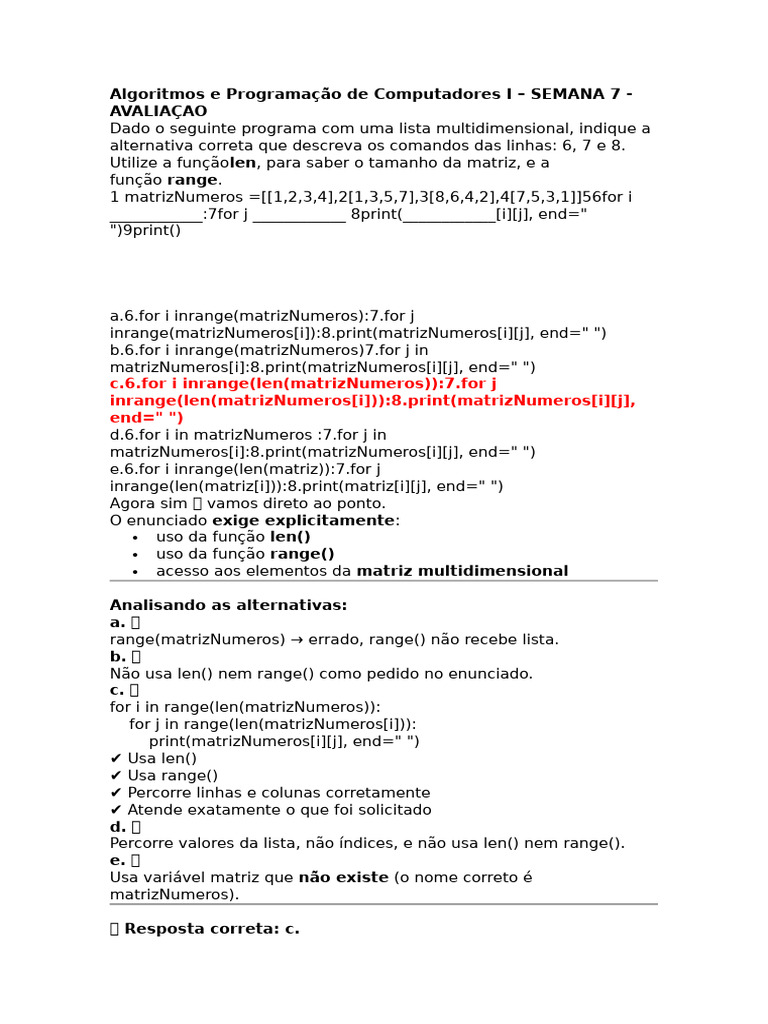 Algoritmos e Programação de Computadores I - SEMANA 7 - AVALIAÇAO | PDF