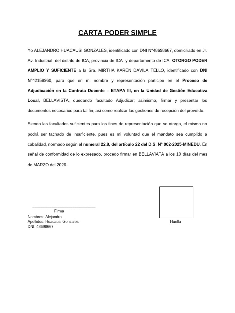 Carta Poder Simple 2025 Prof. Karen - 092036 | PDF