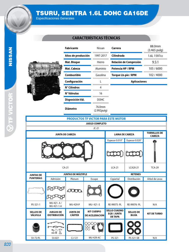 Tsuru, Sentra 1.6L Dohc Ga16de | PDF | Pistón | Motores