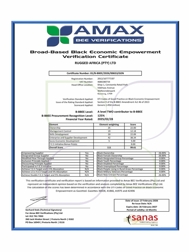 B-BBEE Certificate - Rugged Africa (Pty) LTD (Expiry Feb 2027) | PDF