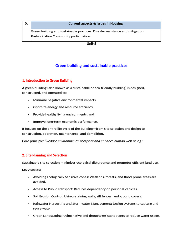 Unit - 5 Housing (Lectur NOTES) | PDF | Green Building | Natural Disasters