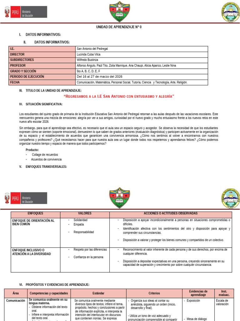 Unidad de Aprendizaje 0 2026 5to de Primaria | PDF | Datos | Geometría