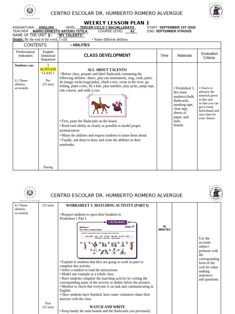 UNIT 6 A1 6 Weeks Lesson Plan 2025 | PDF | Verb | Syntax