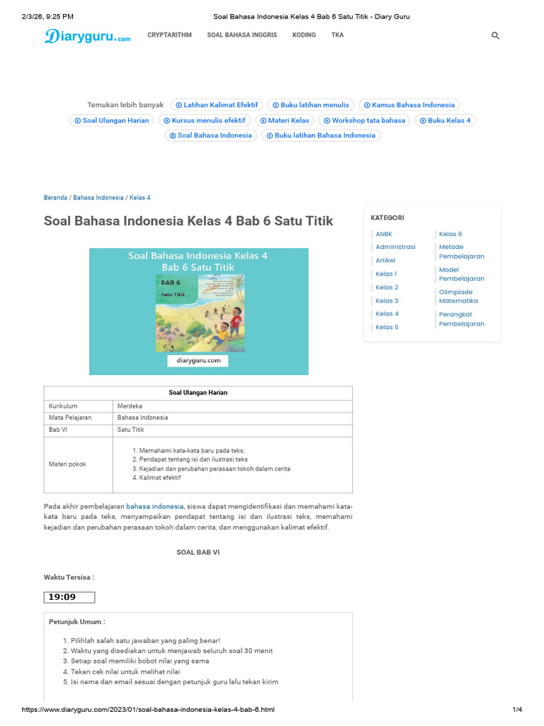 Soal Bahasa Indonesia Kelas 4 Bab 6 Satu Titik - Diary Guru | PDF
