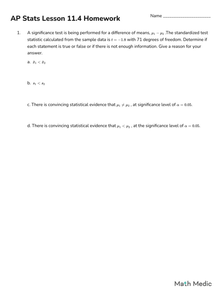 AP Stats Lesson 11.4 Homework | PDF | Statistics | Statistical Inference