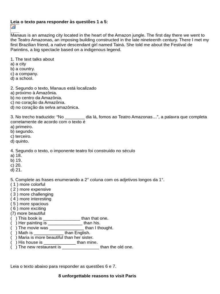 Avaliação de Ingles 1 Ano EM 1 Trimestre | PDF