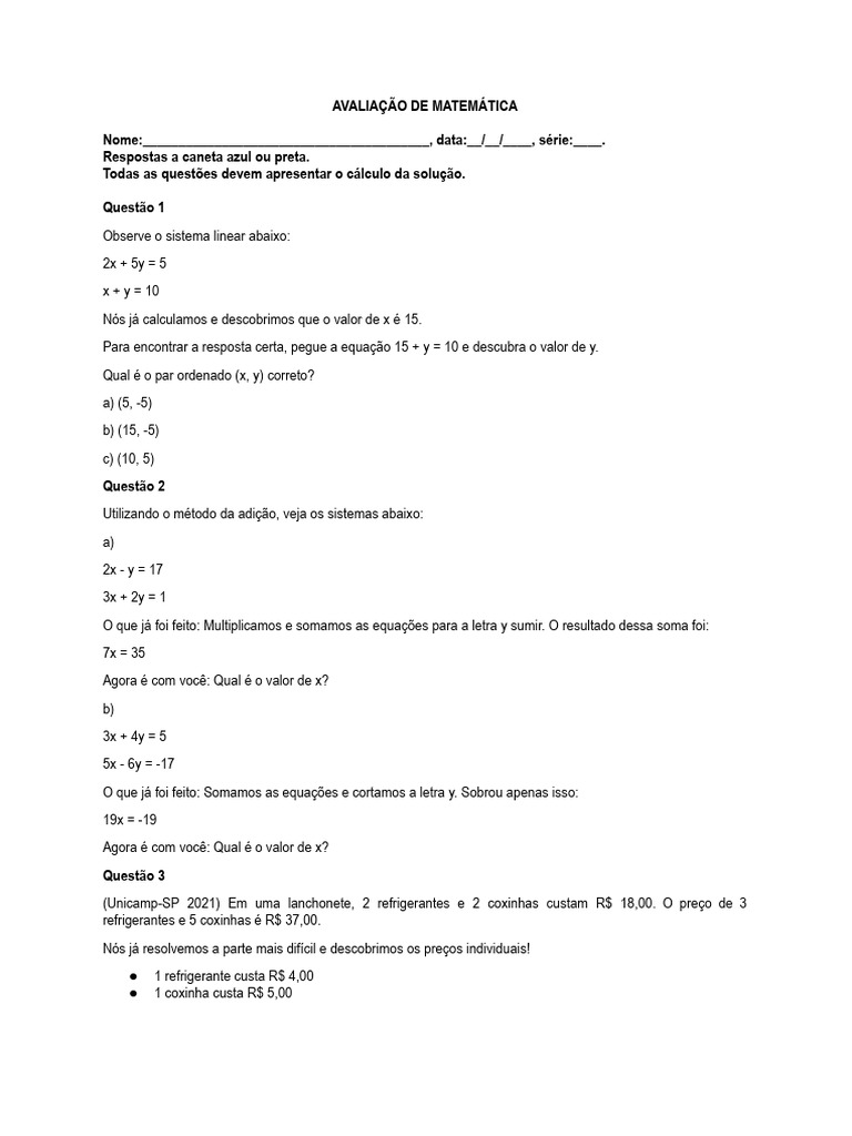 (Adaptada) Avaliação de Matemática 3A - 24 - 03 | PDF